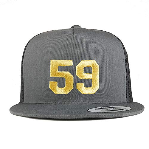 Trendy Apparel Shop Number 59 Gold Thread Embroidered Flat Bill 5 Panel Trucker Cap