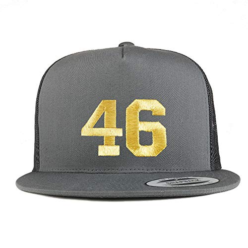 Trendy Apparel Shop Number 46 Gold Thread Embroidered Flat Bill 5 Panel Trucker Cap