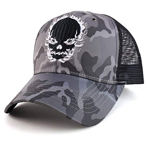 Trendy Apparel Shop Flame Skull Trucker Nyon Camo Trucker Mesh Baseball Cap