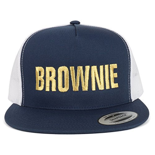 Trendy Apparel Shop Brownie Gold Embroidered 5 Panel Flat Bill 2-Tone Mesh Cap