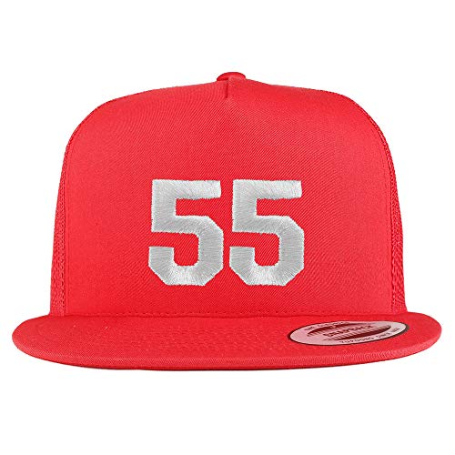 Trendy Apparel Shop Number 55 White Thread Embroidered Flat Bill 5 Panel Trucker Cap