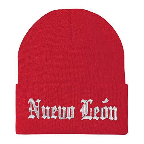 Trendy Apparel Shop Old English Nuevo Leon White Embroidered Acrylic Knit Beanie Cap