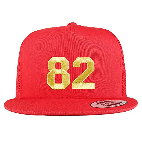 Trendy Apparel Shop Number 82 Gold Thread Embroidered Flat Bill 5 Panel Trucker Cap