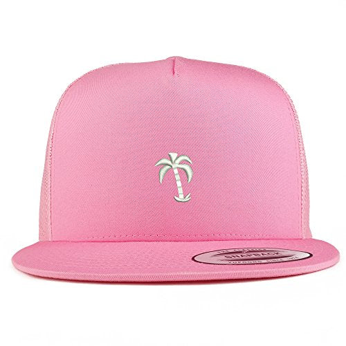 Trendy Apparel Shop Palm Tree Solid White Embroidered 5 Panel Flat Bill Trucker Mesh Back Cap