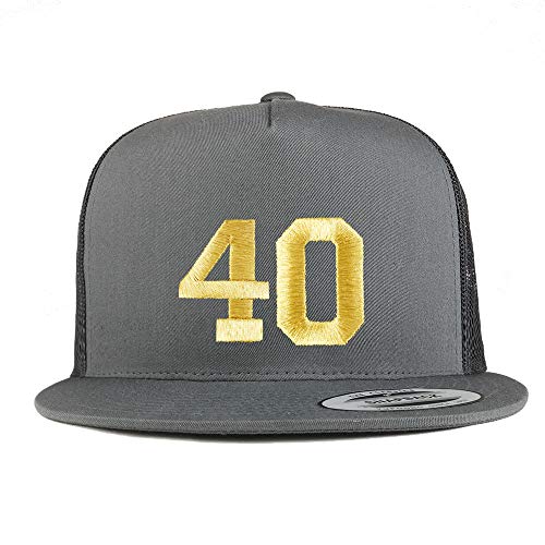 Trendy Apparel Shop Number 40 Gold Thread Embroidered Flat Bill 5 Panel Trucker Cap