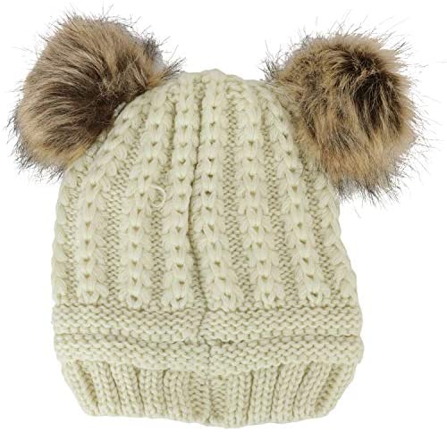 Trendy Apparel Shop Kid's Youth Size Girls Cable Knit Fur Pom Ears Beanie Hat