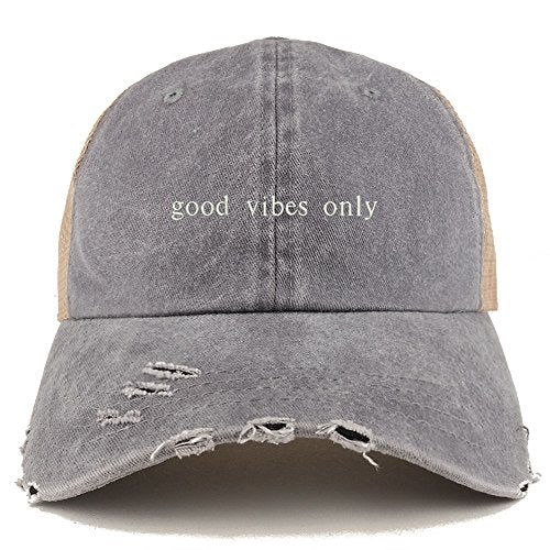 Trendy Apparel Shop Good Vibes Only Embroidered Frayed Bill Trucker Mesh Back Cap