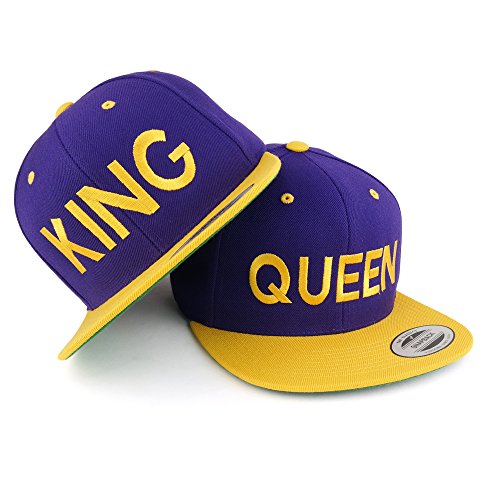 Trendy Apparel Shop King and Queen Two Tone Embroidered Flat Bill Snapback Cap - 2pc Set