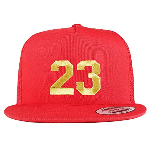 Trendy Apparel Shop Number 23 Gold Thread Embroidered Flat Bill 5 Panel Trucker Cap