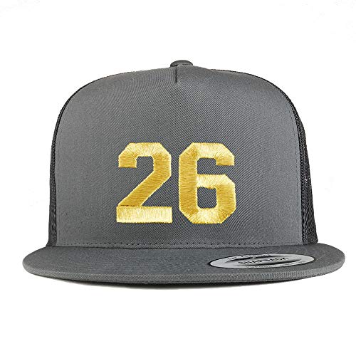 Trendy Apparel Shop Number 26 Gold Thread Embroidered Flat Bill 5 Panel Trucker Cap