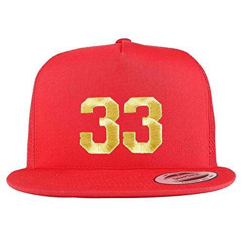 Trendy Apparel Shop Number 33 Gold Thread Embroidered Flat Bill 5 Panel Trucker Cap