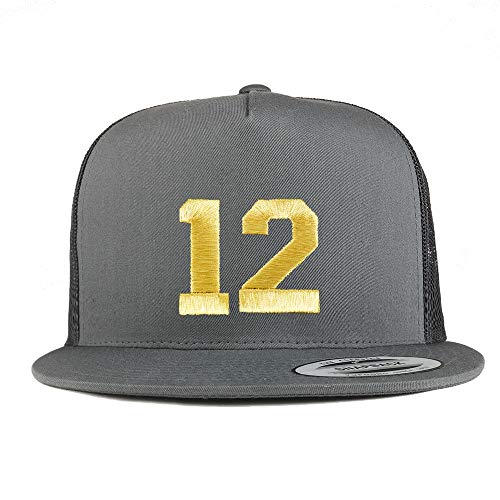 Trendy Apparel Shop Number 12 Gold Thread Embroidered Flat Bill 5 Panel Trucker Cap