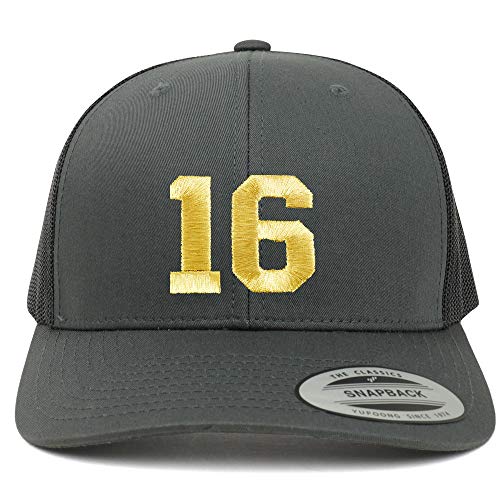 Trendy Apparel Shop Number 16 Gold Thread Embroidered Retro Trucker Mesh Cap