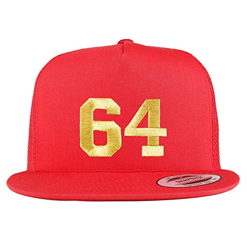 Trendy Apparel Shop Number 64 Gold Thread Embroidered Flat Bill 5 Panel Trucker Cap