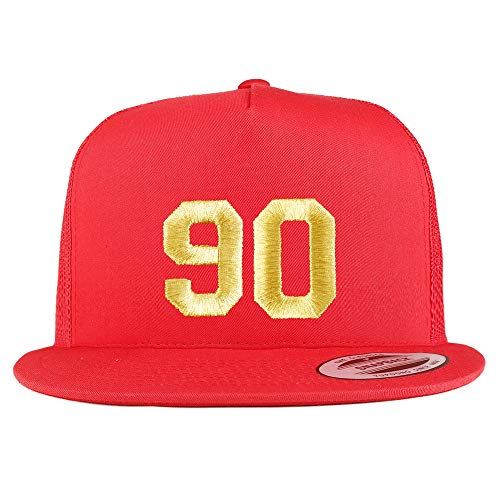 Trendy Apparel Shop Number 90 Gold Thread Embroidered Flat Bill 5 Panel Trucker Cap