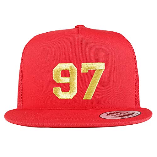 Trendy Apparel Shop Number 97 Gold Thread Embroidered Flat Bill 5 Panel Trucker Cap