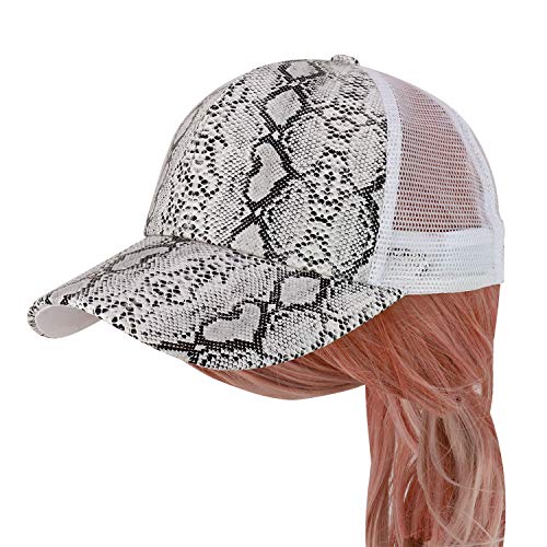 Trendy Apparel Shop PU Snake Pattern Structured Trucker Mesh Ponytail Cap