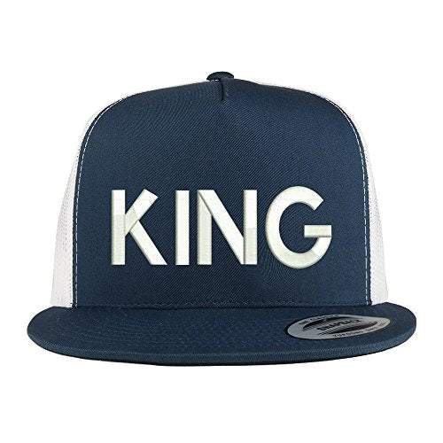 Trendy Apparel Shop King Embroidered 5 Panel Flat Bill 2-Tone Trucker Mesh Cap