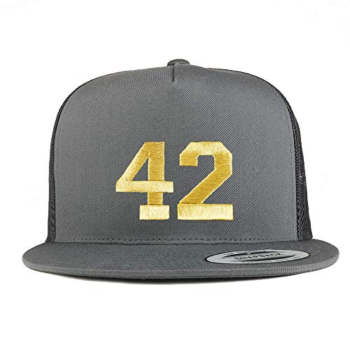 Trendy Apparel Shop Number 42 Gold Thread Embroidered Flat Bill 5 Panel Trucker Cap