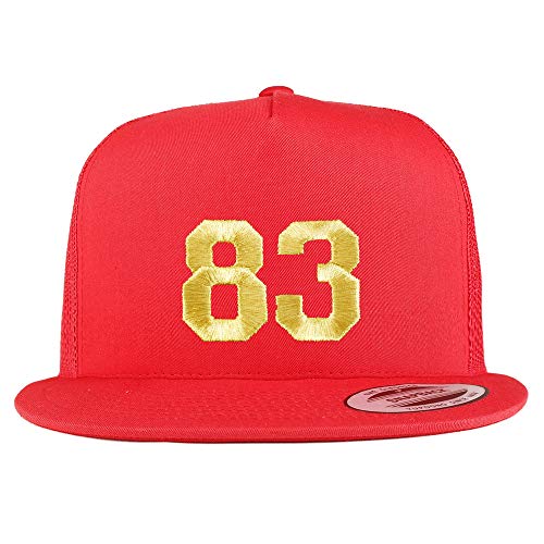 Trendy Apparel Shop Number 83 Gold Thread Embroidered Flat Bill 5 Panel Trucker Cap