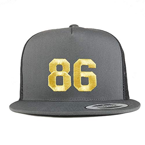 Trendy Apparel Shop Number 86 Gold Thread Embroidered Flat Bill 5 Panel Trucker Cap