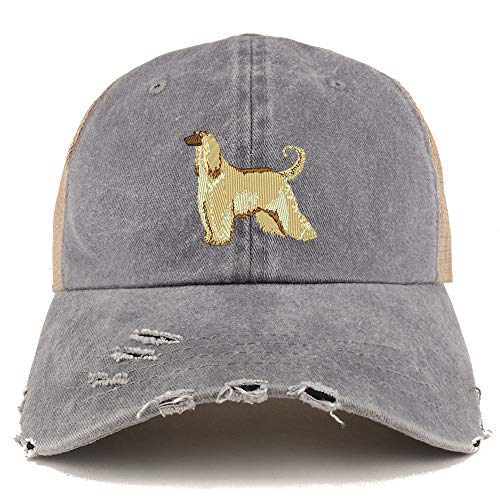 Trendy Apparel Shop Afghan Hound Dog Embroidered Frayed Bill Trucker Mesh Back Cap