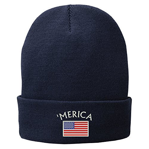 Trendy Apparel Shop Merica with American Flag Embroidered Winter Folded Long Beanie