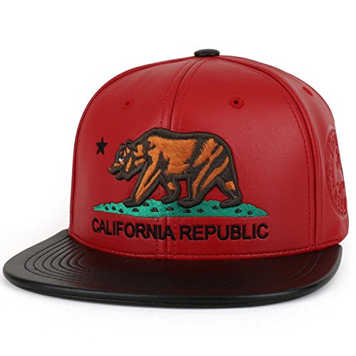 Trendy Apparel Shop California Republic Bear Emblem Embroidered PU Leather Cap