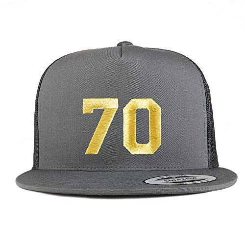 Trendy Apparel Shop Number 70 Gold Thread Embroidered Flat Bill 5 Panel Trucker Cap