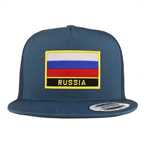 Trendy Apparel Shop Russia Flag 5 Panel Flatbill Trucker Mesh Snapback Cap