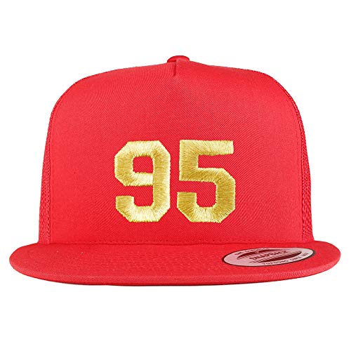 Trendy Apparel Shop Number 95 Gold Thread Embroidered Flat Bill 5 Panel Trucker Cap