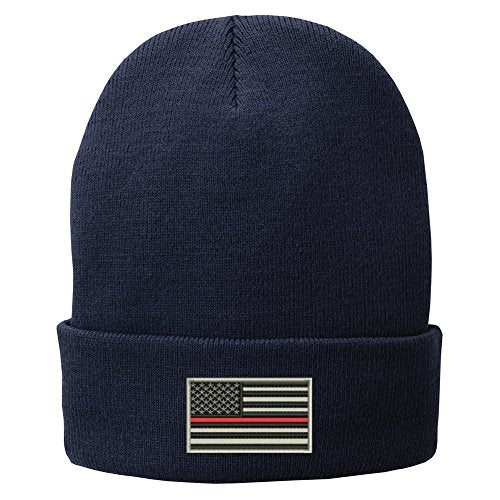 Trendy Apparel Shop US American Flag Thin Red Line Fire FD Embroidered Winter Folded Long Beanie