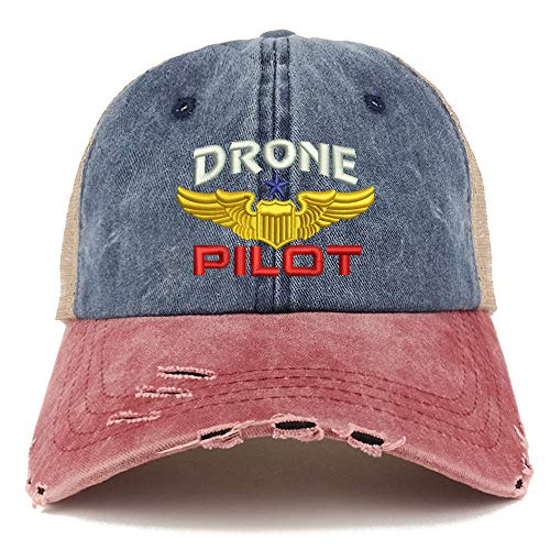 Trendy Apparel Shop Drone Pilot Aviation Wing Embroidered Frayed Bill Trucker Mesh Back Cap