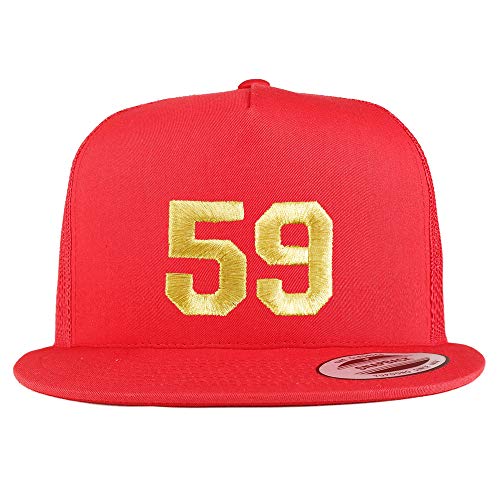 Trendy Apparel Shop Number 59 Gold Thread Embroidered Flat Bill 5 Panel Trucker Cap