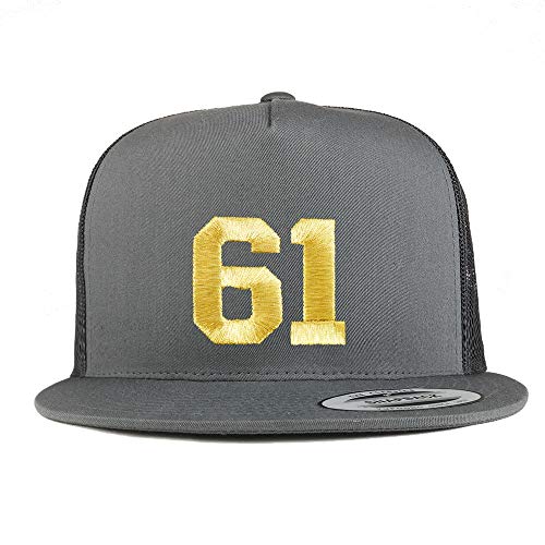 Trendy Apparel Shop Number 61 Gold Thread Embroidered Flat Bill 5 Panel Trucker Cap