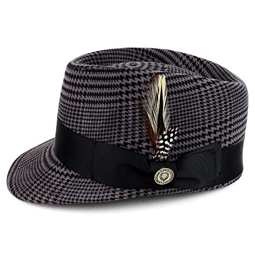 Trendy Apparel Shop Houndstooth Plaid Feather Grosgrain Band Military Wool Hat