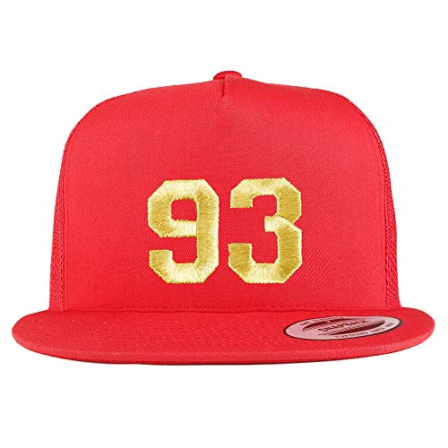 Trendy Apparel Shop Number 93 Gold Thread Embroidered Flat Bill 5 Panel Trucker Cap