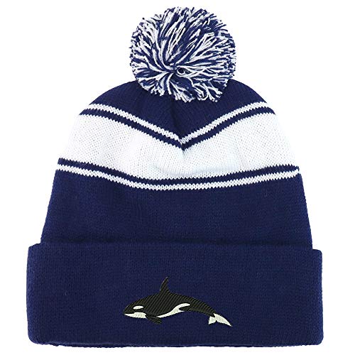 Trendy Apparel Shop Orca Killer Whale Two Tone Pom Striped Long Beanie Hat