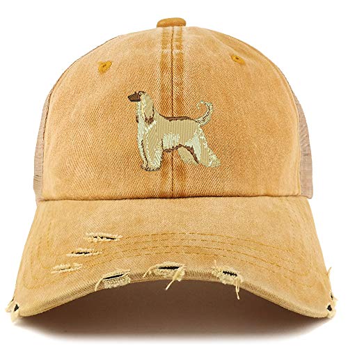 Trendy Apparel Shop Afghan Hound Dog Embroidered Frayed Bill Trucker Mesh Back Cap