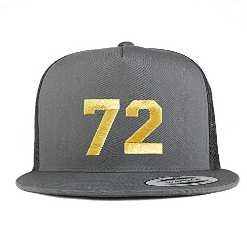 Trendy Apparel Shop Number 72 Gold Thread Embroidered Flat Bill 5 Panel Trucker Cap