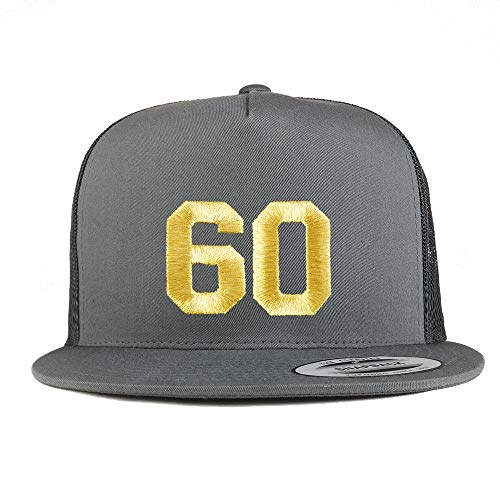 Trendy Apparel Shop Number 60 Gold Thread Embroidered Flat Bill 5 Panel Trucker Cap