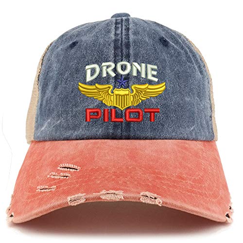 Trendy Apparel Shop Drone Pilot Aviation Wing Embroidered Frayed Bill Trucker Mesh Back Cap