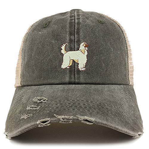 Trendy Apparel Shop Afghan Dog Embroidered Frayed Bill Trucker Mesh Back Cap