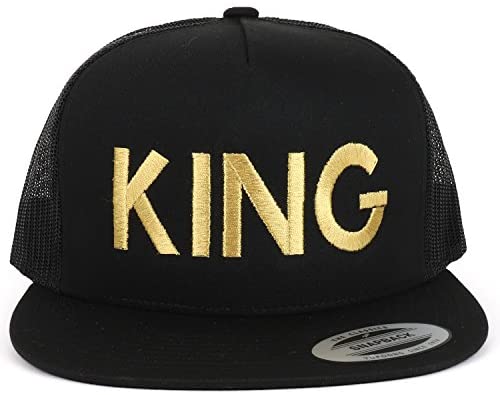 Trendy Apparel Shop King and Queen Gold Embroidered 5 Panel Flat Bill Mesh Cap