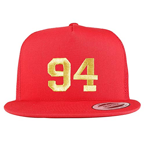 Trendy Apparel Shop Number 94 Gold Thread Embroidered Flat Bill 5 Panel Trucker Cap