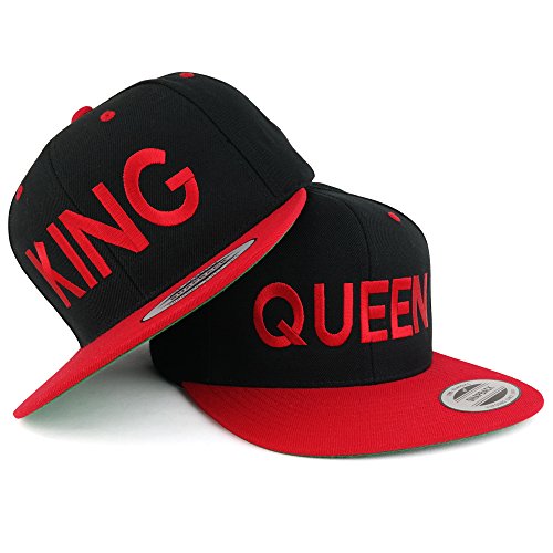 Trendy Apparel Shop King and Queen Two Tone Embroidered Flat Bill Snapback Cap - 2pc Set