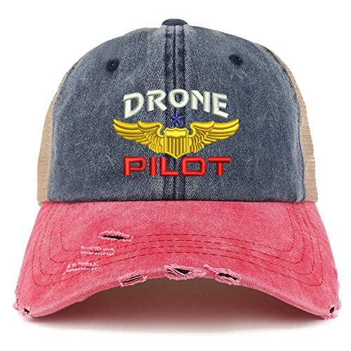 Trendy Apparel Shop Drone Pilot Aviation Wing Embroidered Frayed Bill Trucker Mesh Back Cap