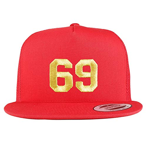 Trendy Apparel Shop Number 69 Gold Thread Embroidered Flat Bill 5 Panel Trucker Cap