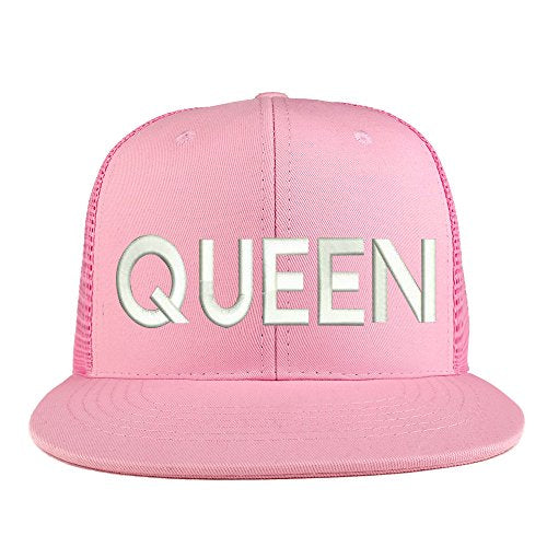 Trendy Apparel Shop Queen Embroidered Cotton Flat Bill Mesh Back Trucker Cap