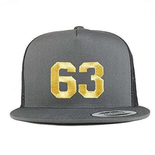 Trendy Apparel Shop Number 63 Gold Thread Embroidered Flat Bill 5 Panel Trucker Cap